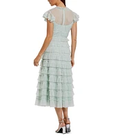 Mac Duggal Women's Solid Mesh Dot Micro Ruffle High Neck Midi Dress