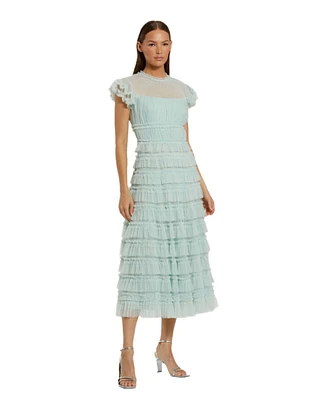 Mac Duggal Women's Solid Mesh Dot Micro Ruffle High Neck Midi Dress