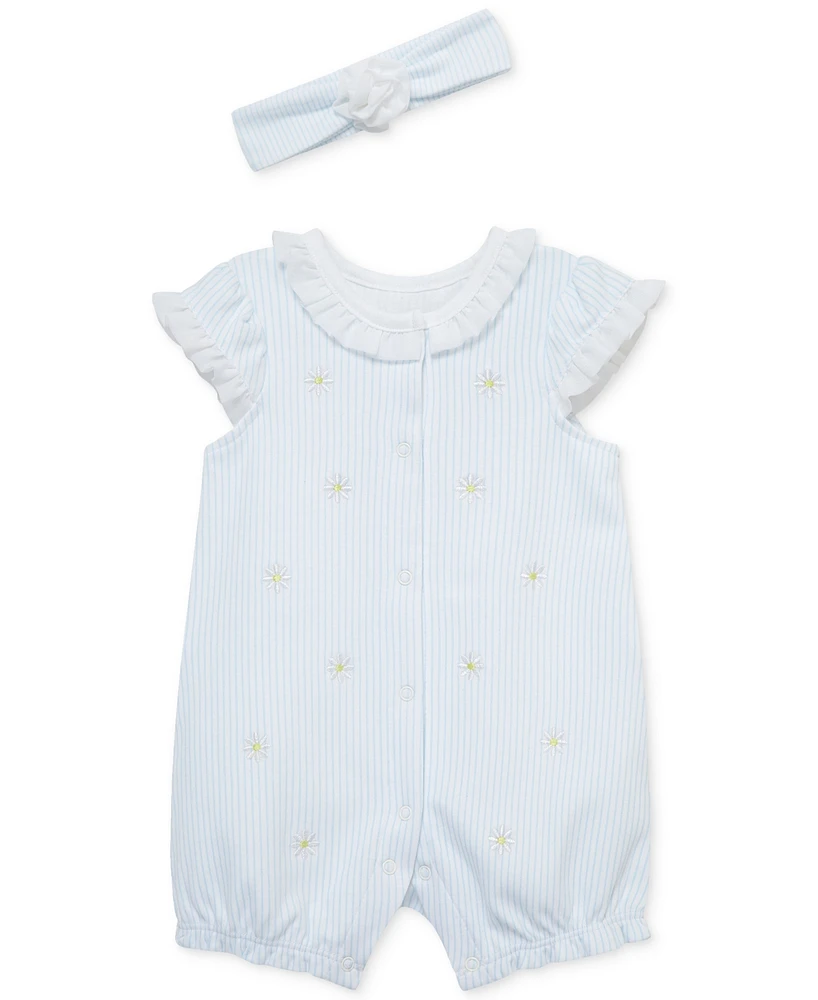 Little Me Baby Girls 2-Pc. Embroidered Daisy Stripe Romper & Headband Set