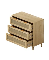 31.50"3-Drawers Rattan Storage Cabinet Rattan Drawer (Set of 2),for Bedroom,Living Room,Dining Room,Hallways,Oak