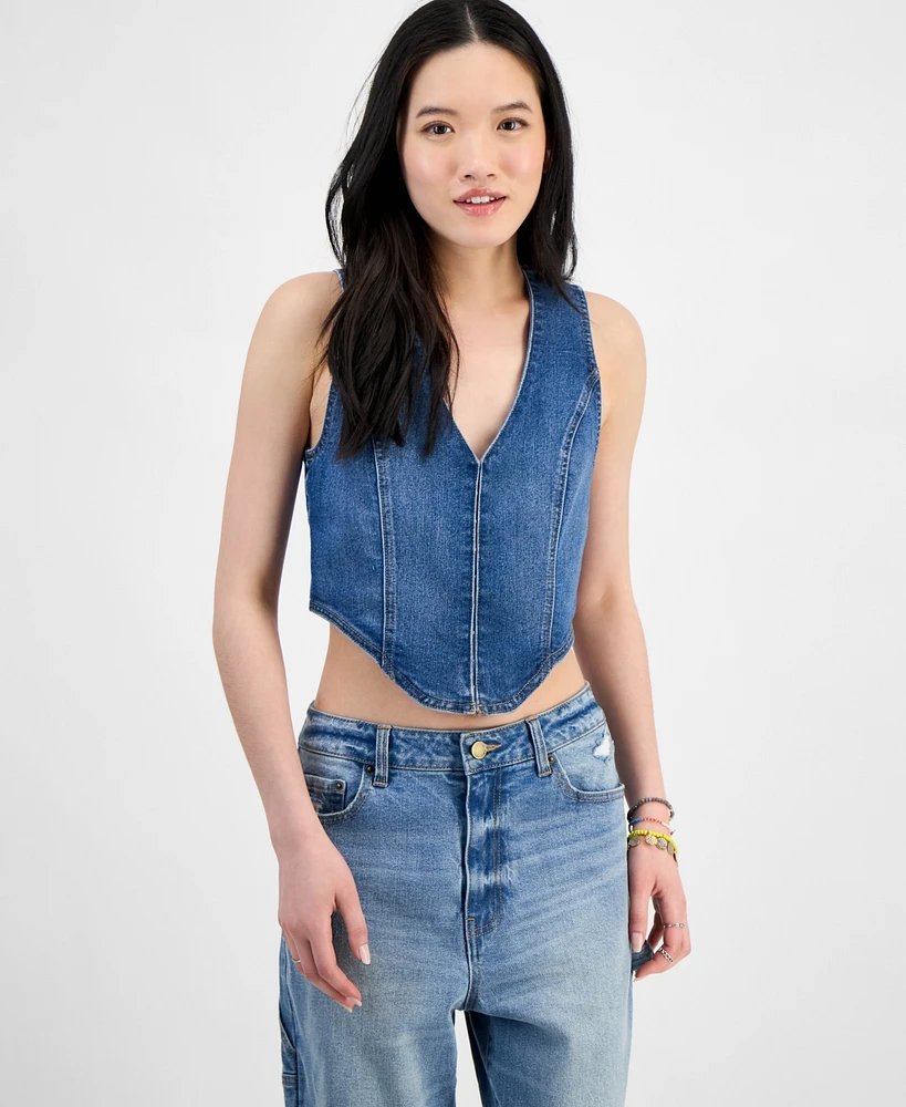 Madden Girl Juniors' Denim Hook-Front Corset Top