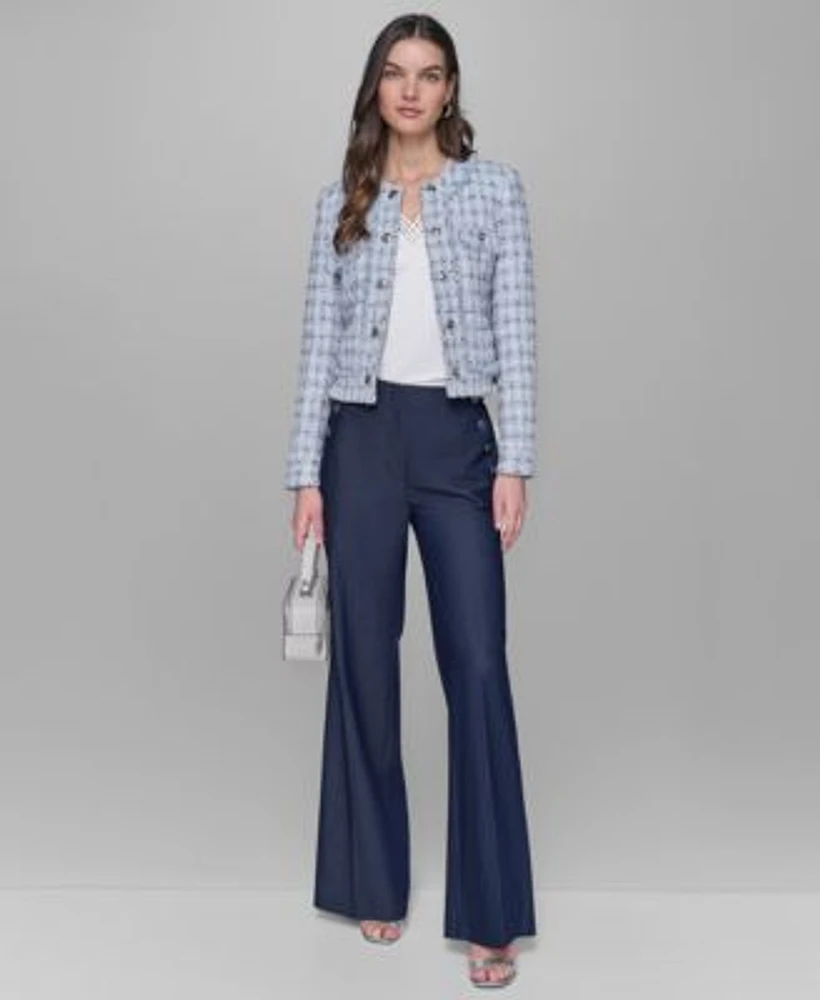 Karl Lagerfeld Paris Womens Tweed Open Front Jacket Sleeveless V Neck Top Wide Leg Sailor Pants