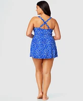 Anne Cole Plus Denim Dot Surplice-Neck Swim Dress