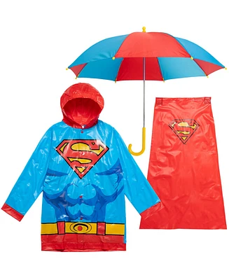 Justice League Boys Dc Comics Superman Batman Waterproof Rain Jacket Cape and Umbrella 3 Piece Set to