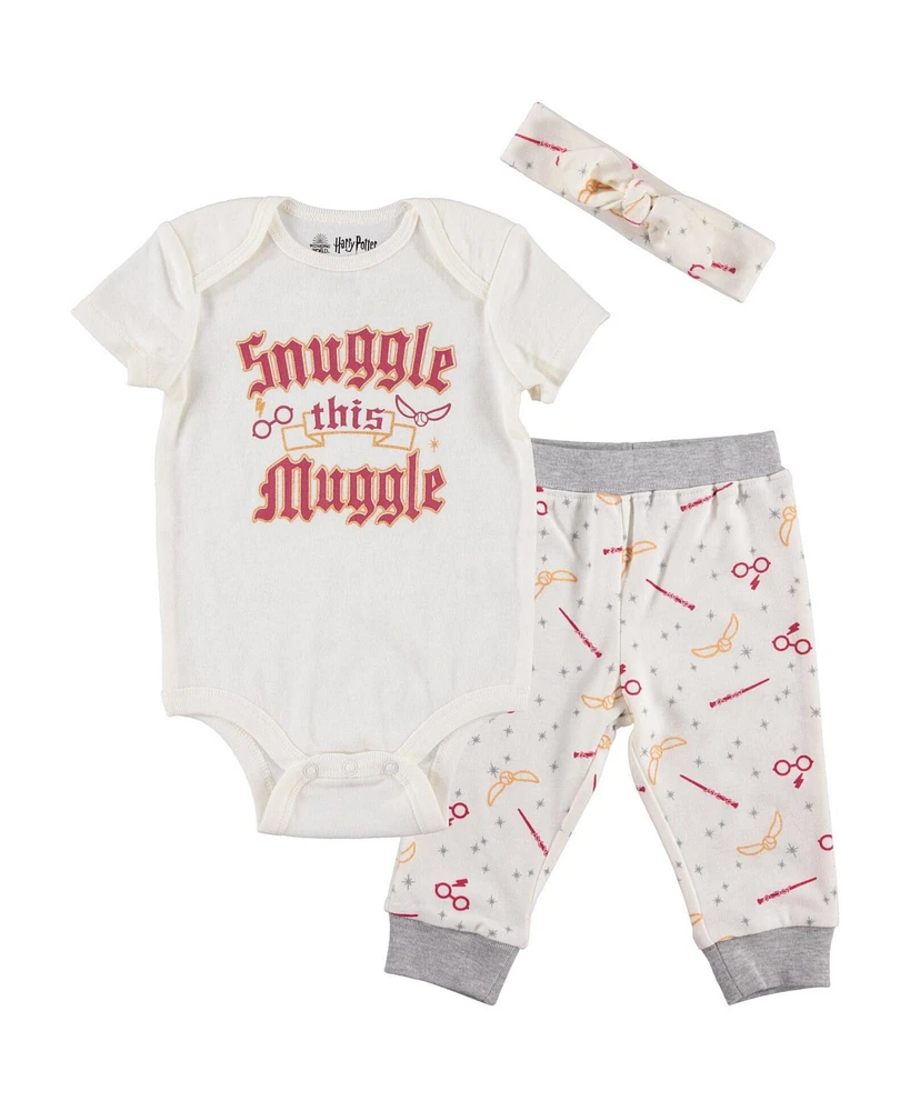 Harry Potter Baby Girls Bodysuit, Pants and Headband 3 Piece Outfit Set