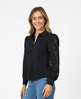 Cable & Gauge Women's Floral Chiffon Sleeve Button Up Top