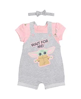Star Wars Baby Girls Yoda French Terry Snap Short Overalls T-Shirt and Headband 3 Piece Outfit Set