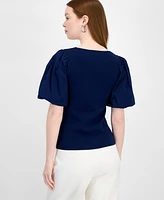 T Tahari Women's Mixed-Media Square-Neck Puff-Sleeve Top