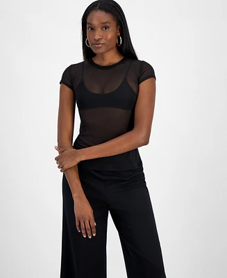 Bar Iii Women's Mesh Cap-Sleeve Semi-Sheer Top, Exclusively at Macy's