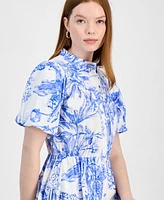 T Tahari Women's Puff-Sleeve Button-Front Midi Dress