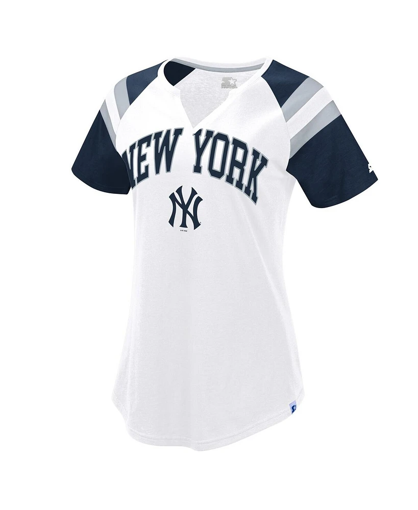 Starter Women's White/Navy New York Yankees Game On Notch Neck Raglan T-Shirt