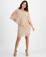 Connected Petite Cape-Overlay Metallic A-Line Dress