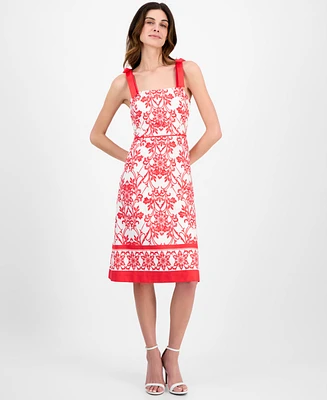 Anne Klein Women's Printed Bow-Shoulder Border-Hem Midi Dress