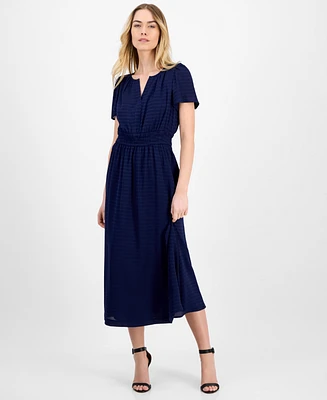 Anne Klein Women's Elastic-Waist Short-Sleeve Midi Dress