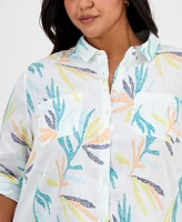 Charter Club Plus 100% Linen Palm Print Shirt, Exclusively at Macy's