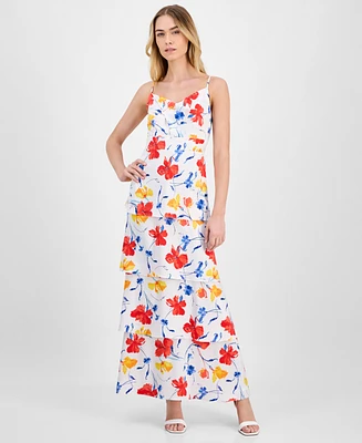 Anne Klein Women's Floral-Print Cowlneck Tiered Satin Maxi Dress