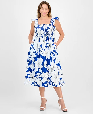 Anne Klein Plus Floral-Print Smocked Ruffled-Sleeve Cotton Midi Dress