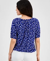 Anne Klein Women's Printed Elbow-Sleeve Keyhole Blouse