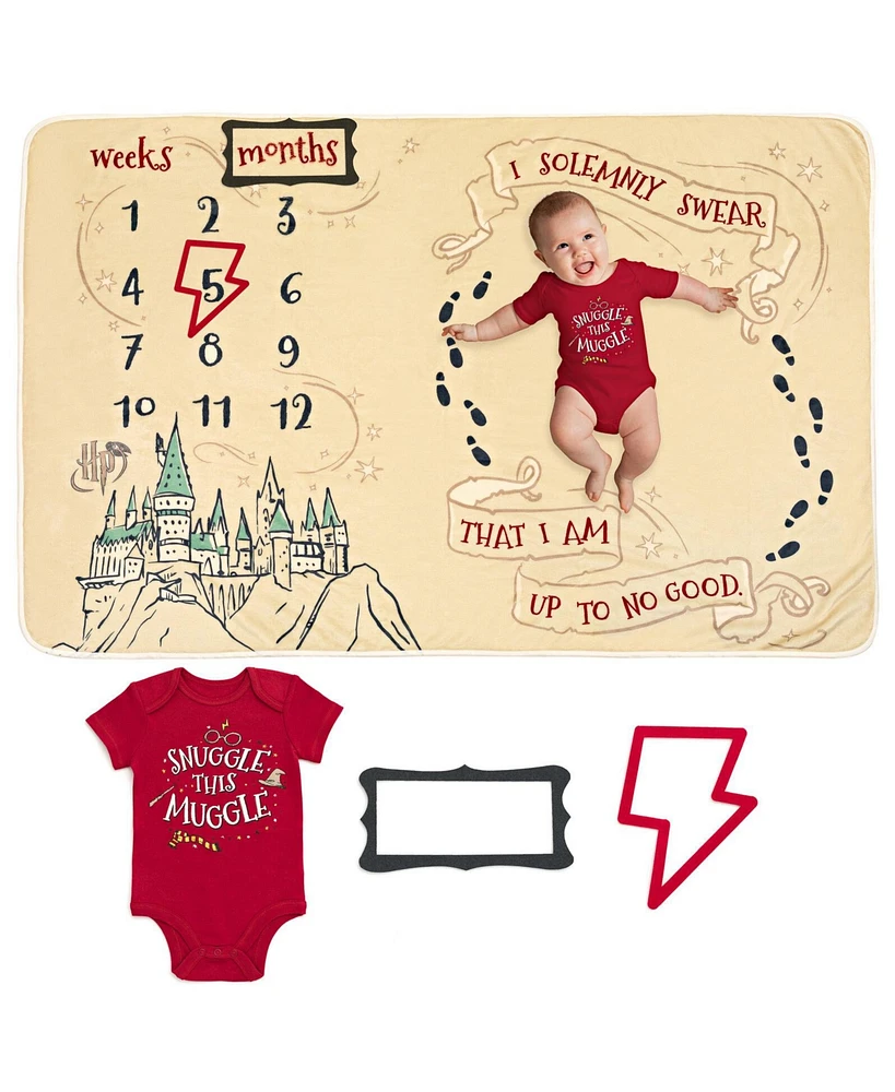 Harry Potter Baby Boys Bodysuit and Monthly Milestone Blanket 4 Piece Newborn