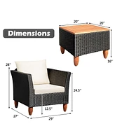 Gymax 3PCS Patio Conversation Furniture Set w/ Wooden Table Top & Feet Cushions