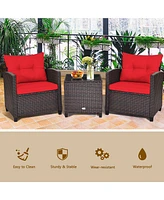 Gymax 3PCS Patio Outdoor Rattan Conversation Set w/ Cushion Coffee Table