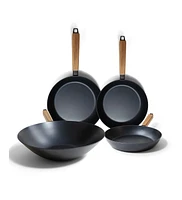 Alva Forest 4-Piece Carbon Steel Frying Pan & Wok Set, Naturally Nonstick Cookware Set, Non-Toxic Pfas Free Pre-Seasoned Pan Induction Safe, Compatibl