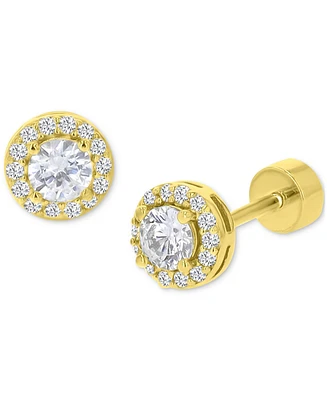 Cubic Zirconia Halo Screw Back Stud Earrings in 14k Gold-Plated Sterling Silver