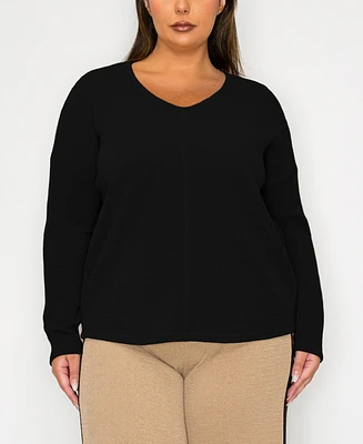 Coin 1804 Plus Textured Rib Front Seam Dolman Long Sleeve Top