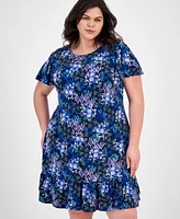 Connected Plus Printed Scoop-Neck Flutter-Sleeve Shift Dress