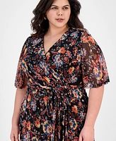 Connected Plus Printed Mesh High-Low Faux-Wrap Dress