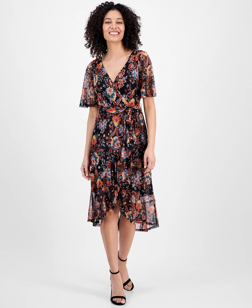 Connected Petite Printed Mesh High-Low Faux-Wrap Dress