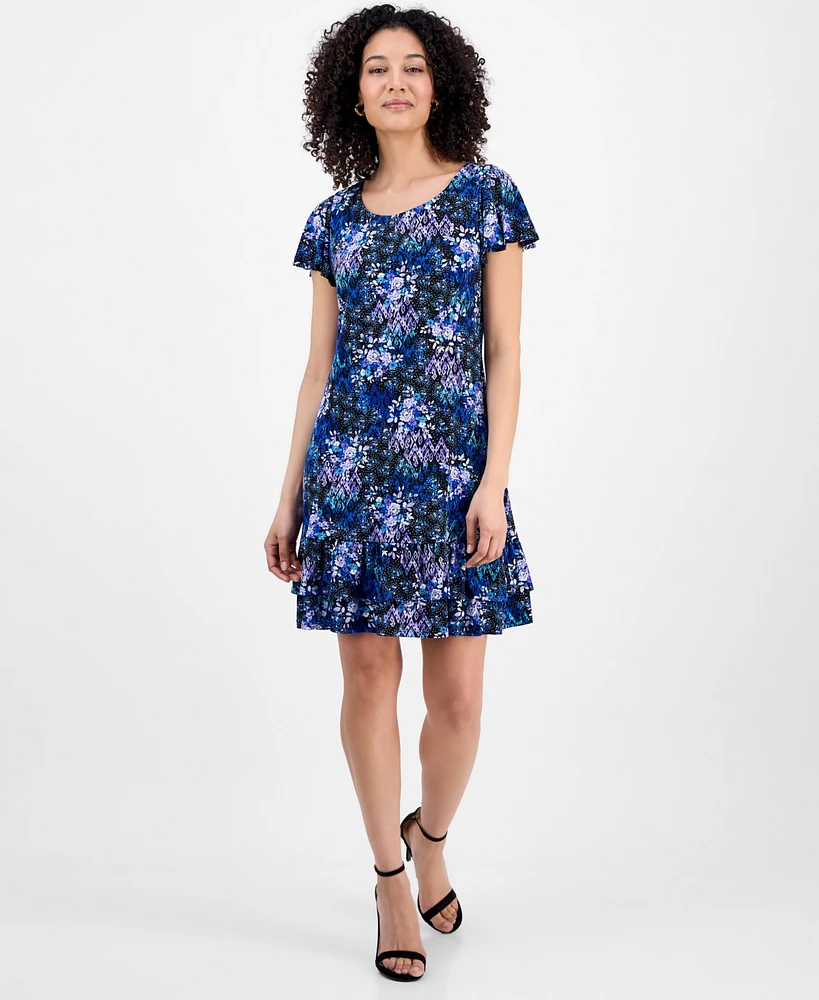 Connected Petite Printed Scoop-Neck Flutter-Sleeve Shift Dress