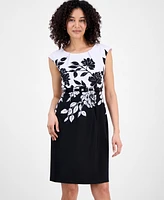 Connected Petite Floral Jewel-Neck Belted Sheath Dress