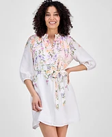Sandra Darren Petite Placed-Floral Tie-Waist Shift Dress