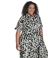 Calvin Klein Plus Cotton Floral Tie-Cuff Shirtdress