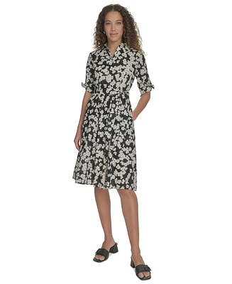 Calvin Klein Petite Cotton Floral Tie-Cuff Shirtdress