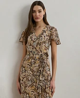 Lauren Ralph Women's Floral Belted Flutter-Sleeve Gown