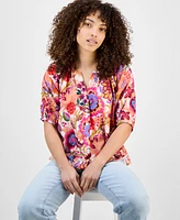 Liverpool Los Angeles Petite Printed Button-Front Shirred Blouse