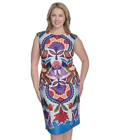 Vince Camuto Plus Placement-Print Cap-Sleeve Midi Dress