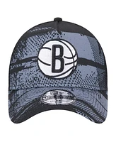 New Era Men's Black/Charcoal Brooklyn Nets Tip Off A-Frame Trucker 9FORTY Adjustable Hat
