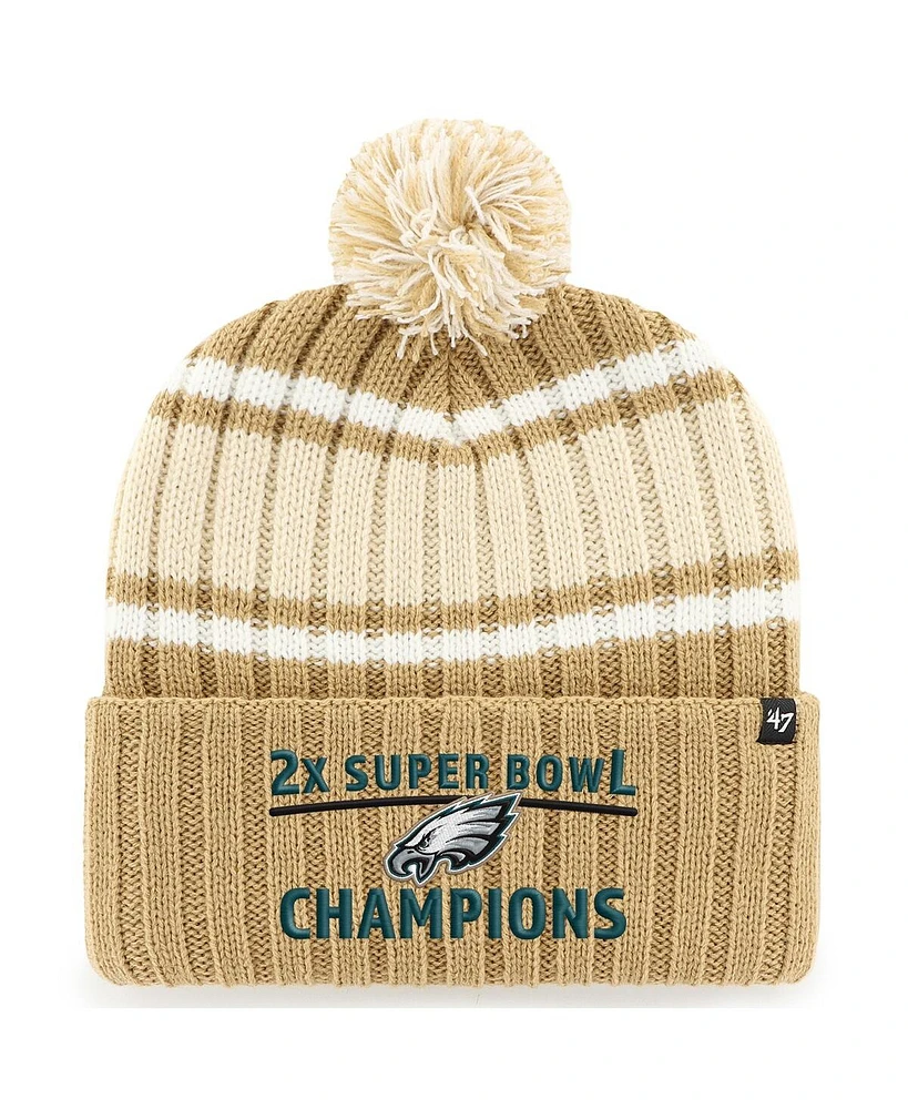 '47 Brand Men's Khaki Philadelphia Eagles Two-Time Super Bowl Champions Plateau Cuffed with Pom Knit Hat