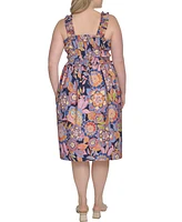 Eliza J Plus Cotton Floral Smocked-Waist Midi Dress