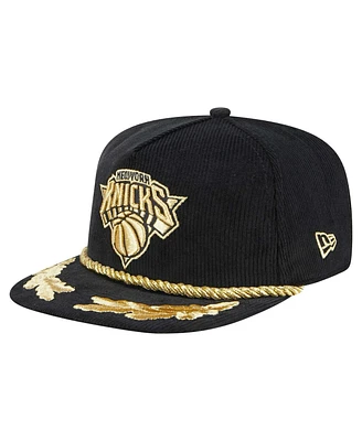 New Era Men's Black New York Knicks Corduroy Gold Leaf Golfer Snapback Hat