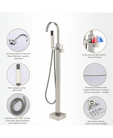 Freestanding Bathtub Faucet Floor Mount Tub Filler Brushed Nickel Brass Bathroom Faucets Single Handle with Hand Shower