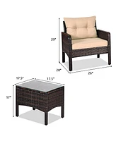 Gymax 3PCS Outdoor Patio Rattan Furniture Set w/ Chairs Coffee Table Cushions