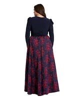 Mac Duggal Plus Long Sleeve Keyhole Knot Neck Floral Bottom Gown