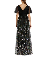 Mac Duggal Women's Embellished Illusion Butterfly Sleeve V Neck Gown
