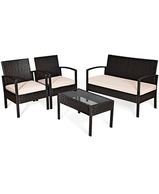 Gymax 4 Piece Patio Rattan Set Sectional Sofa Glass Table w/ Cushions