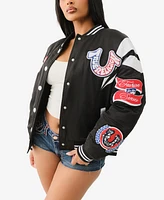 True Religion Women's Satin Oversized Varsity Bomber Jacket