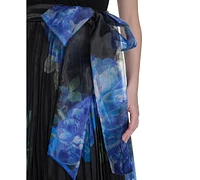 Eliza J Petite Mixed-Media V-Neck Sleeveless Pleated Gown